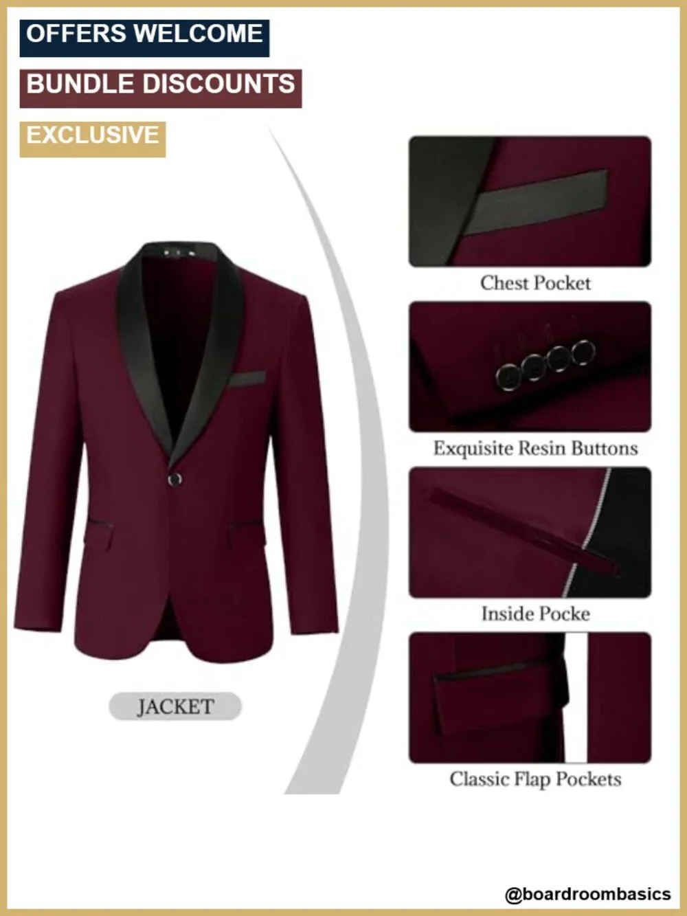 Men's 3 Piece Slim Fit Tuxedo Suit with Bow Tie & Pocket Square